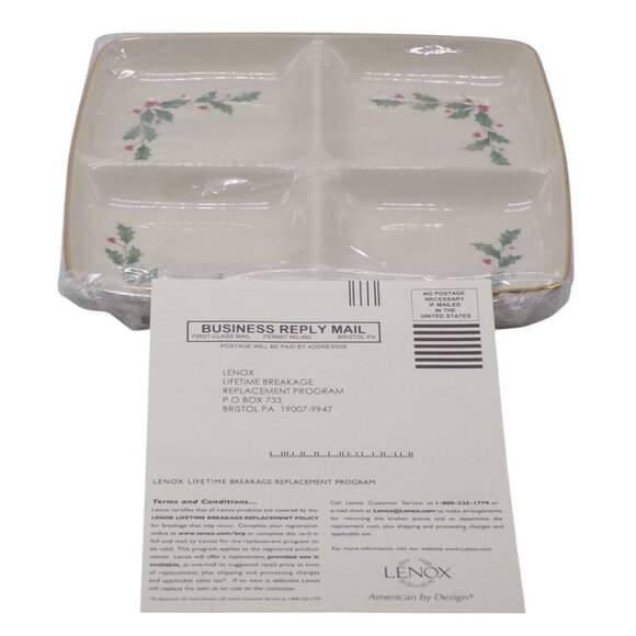 Lenox Holiday 4-Section Divided Square Server Dish Holly Berry Gold Trim 9.25" - Picture 5 of 7